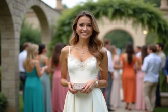 Femme en robe blanche ivoire mi-longue avec dentelle lors d'une cérémonie de mariage en extérieur