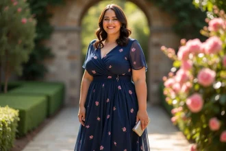 Femme ronde élégante en robe bleu marine fluide pour un mariage dans un jardin fleuri