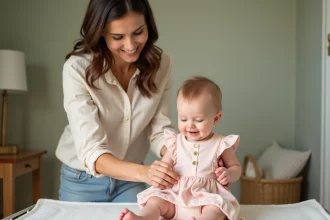 Maman habillant son bébé en robe de fête avec fermeture pression pratique sur table à langer en bois dans une chambre bébé douce et naturelle