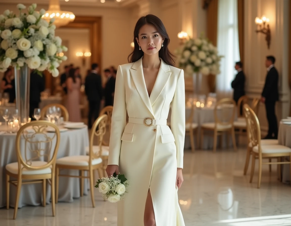 Invitée de mariage en robe blazer blanc cassé structurée dans une salle de réception élégante