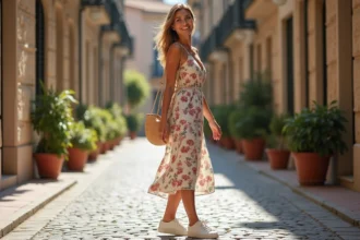Femme en robe midi fleurie portant des baskets blanches en cuir dans une rue pavée, tenue casual chic du quotidien