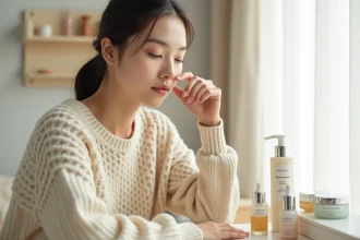 Jeune femme appliquant un sérum de soin coréen Yepoda devant une coiffeuse minimaliste dans une chambre cosy