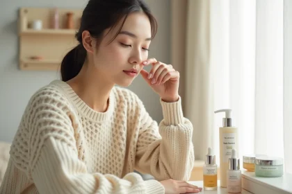 Jeune femme appliquant un sérum de soin coréen Yepoda devant une coiffeuse minimaliste dans une chambre cosy