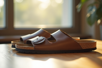 Sandales Scholl et Birkenstock sur surface en bois