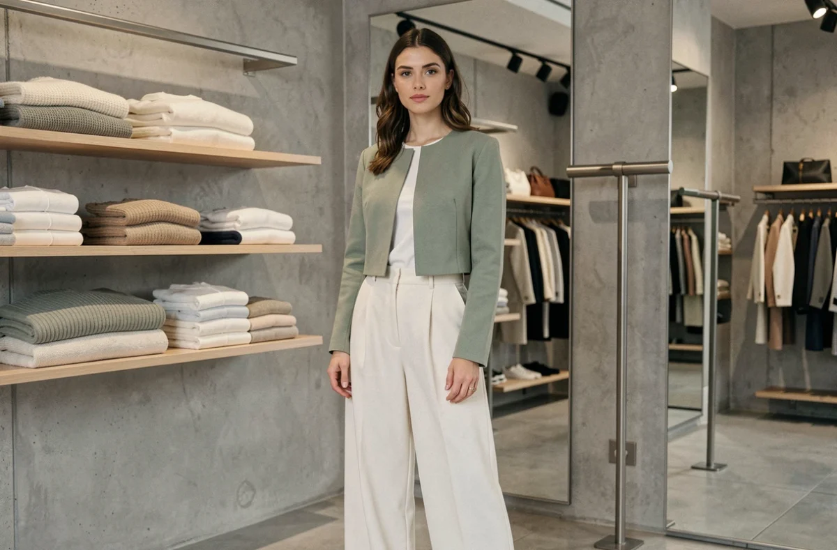 Femme tendance en veste structurée devant les rayons d'une boutique de mode contemporaine