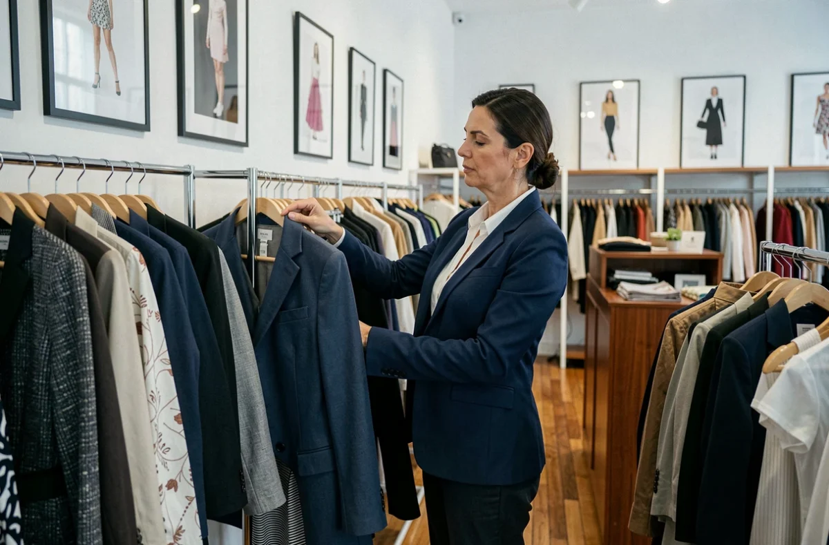 Boutique dépôt-vente mode féminine Signorina O à Lyon avec des portants de vêtements élégants et une vendeuse arrangeant des tenues