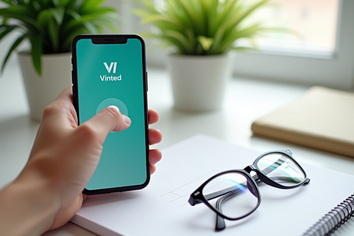 Ecran de smartphone avec l application Vinted eteinte sur un bureau lumineux