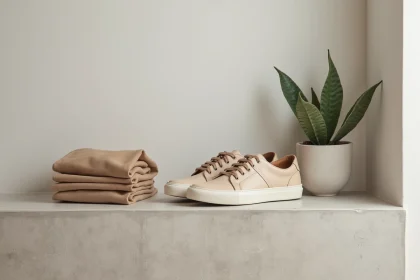 Paire de sneakers en cuir minimaliste de marque française posée sur une étagère en béton brut avec des accessoires lifestyle neutres