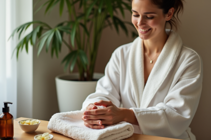 Jeune femme en peignoir applique huile sur ses mains