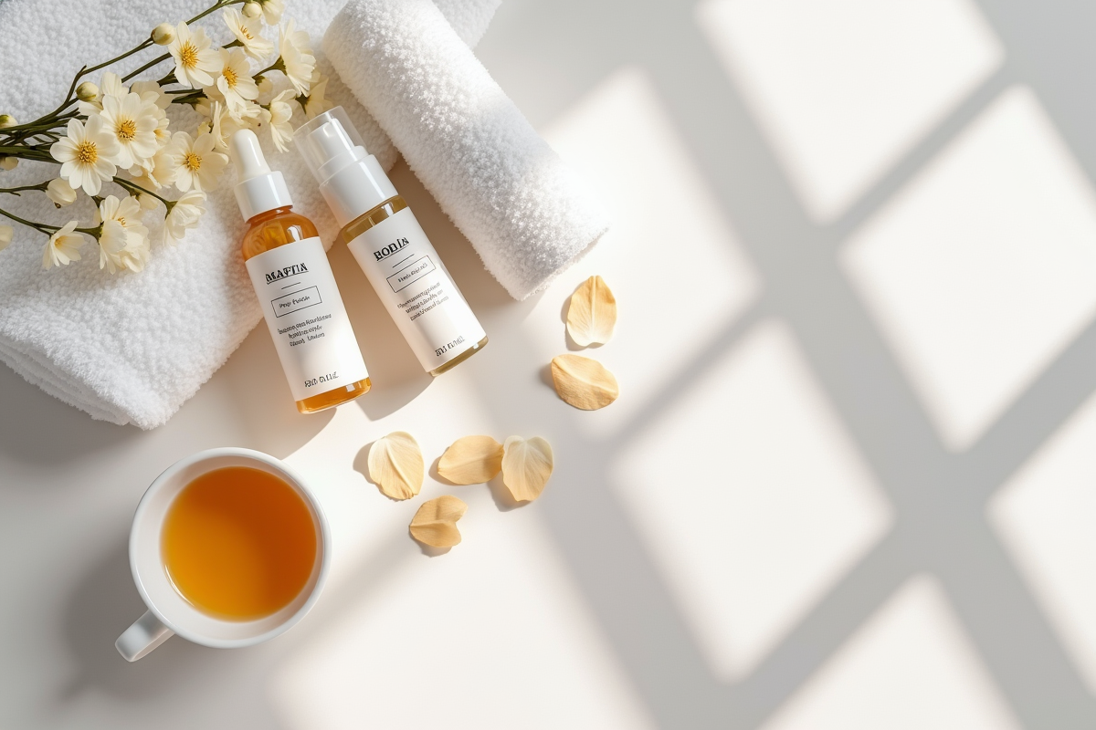 Disposition de soins koreens avec tisanes et fleurs naturelles
