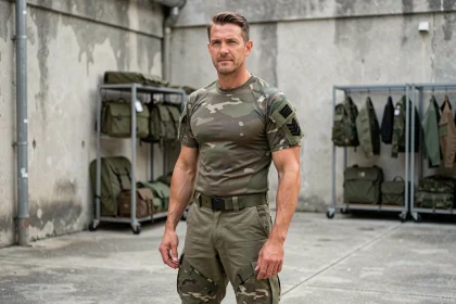 Soldat français en uniforme E habillement 2026 dans une cour de caserne militaire