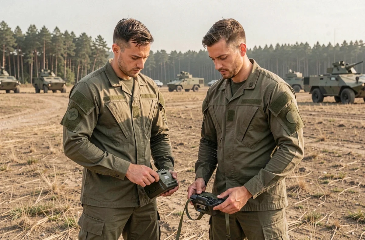 Deux soldats français en uniformes E habillement 2026 lors d'une inspection sur terrain militaire