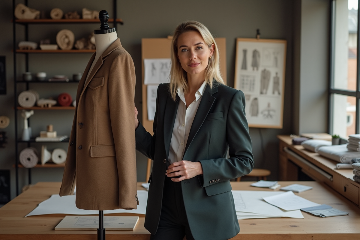 Femme élégante ajustant un blazer dans un studio de mode