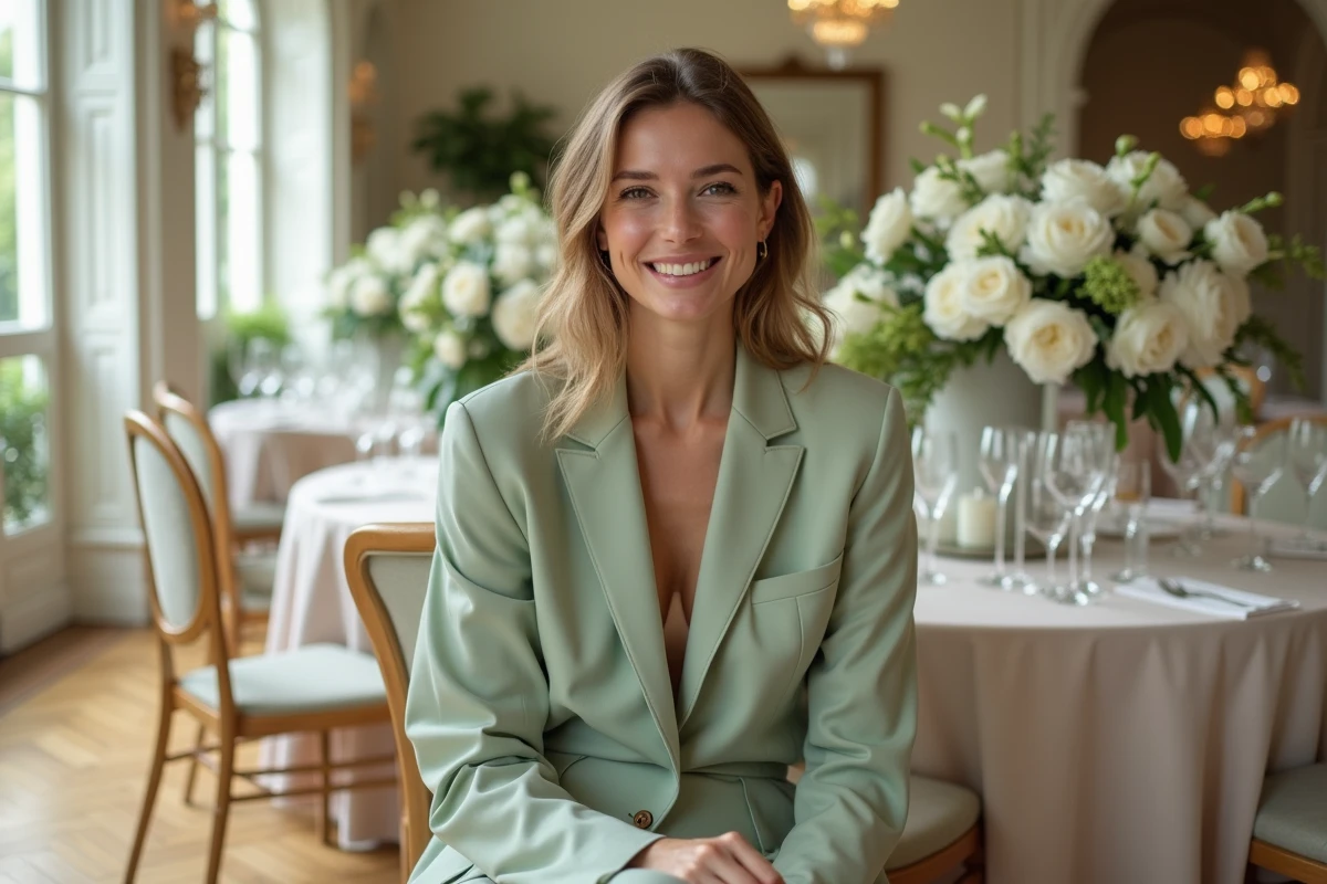 Femme en tailleur Mango vert sauge avec des sandales plates en cuir lors d'une réception de mariage intérieure