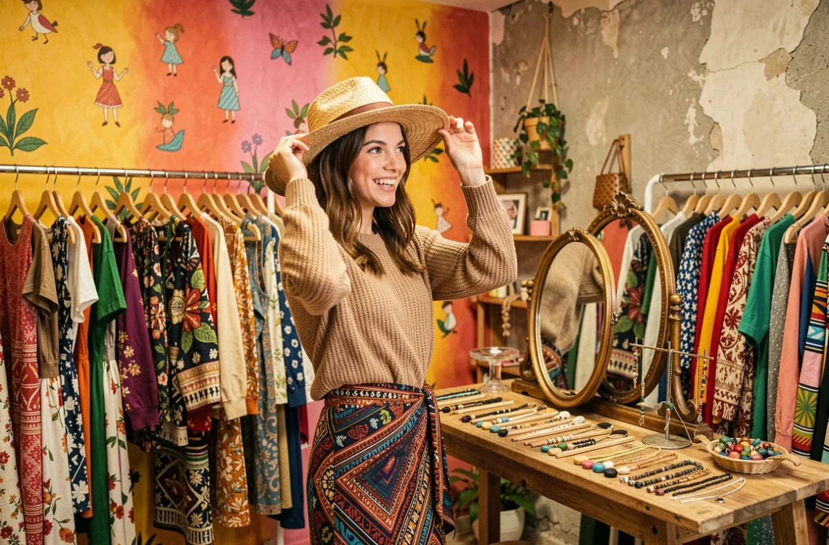 Boutique Tanka Clothes à Besançon avec une jeune femme essayant un chapeau de paille dans une ambiance colorée et créative
