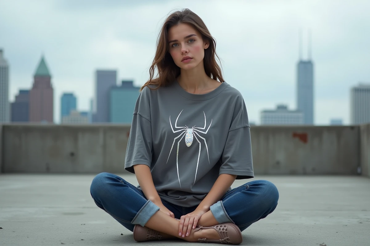 Femme en tee-shirt Spider-Man oversize gris avec encre iridescente sur un rooftop urbain, tendance couleurs 2026