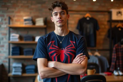 Jeune homme portant un tee-shirt Spider-Man 2026 avec motif géométrique en bleu marine et rouge dans une boutique streetwear