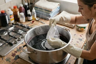 Femme portant des gants en caoutchouc plongeant un vêtement blanc dans une casserole de teinture noire sur une cuisinière