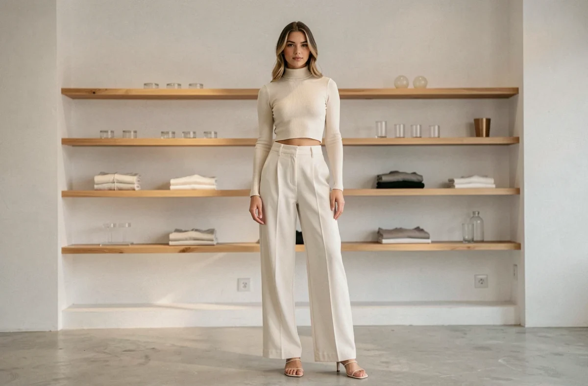 Jeune femme en tenue drip monochrome crème avec turtleneck cropped et pantalon large dans une boutique minimaliste moderne