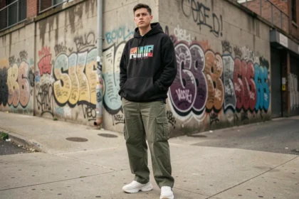 Jeune homme en tenue drip streetwear avec hoodie oversize noir, cargo pants kaki et sneakers blanches dans un décor urbain