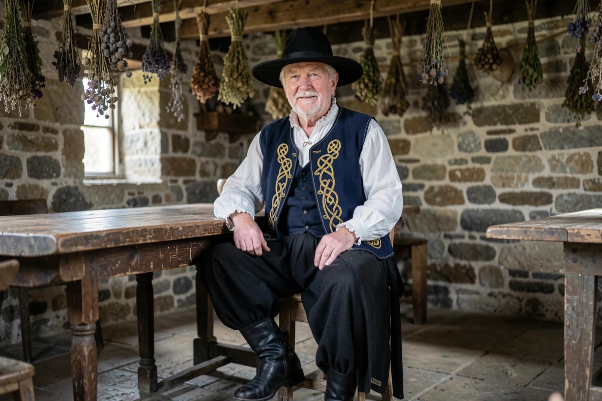 Homme âgé en costume traditionnel breton complet avec chapeau noir et veste brodée dorée assis dans une ferme en pierre de Bretagne