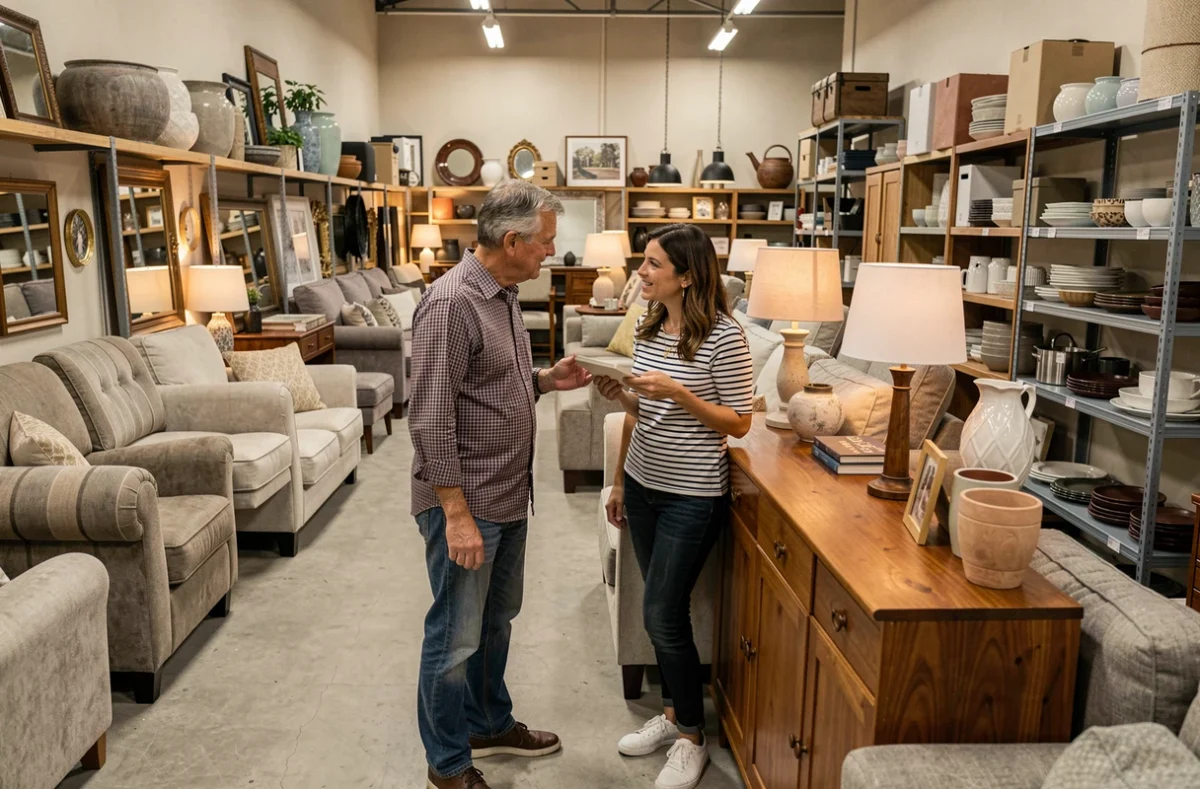 Couple examinant un buffet vintage dans le magasin Troc.com Grigny, dépôt-vente spécialisé en meubles et décoration