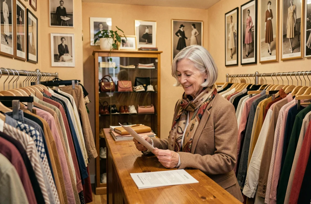 Propriétaire du Troc Marie-Claire, dépôt-vente de mode du 2e arrondissement de Lyon, derrière son comptoir entouré de vêtements