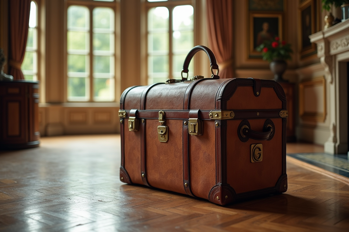 Valise en cuir vintage dans la salle du château