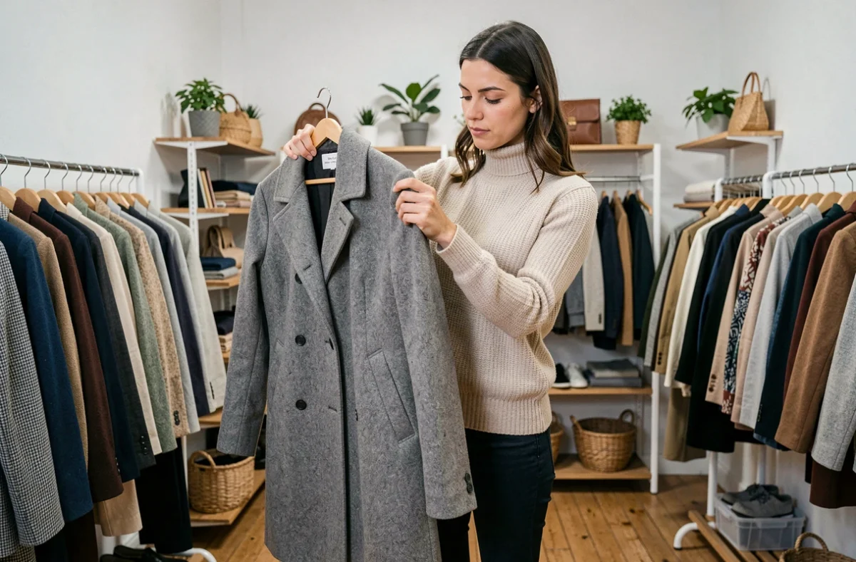 Une femme inspecte les coutures d'un manteau en laine vintage dans la friperie Very Good Frip à Cherbourg-en-Cotentin, boutique épurée avec des portants organisés par couleur.